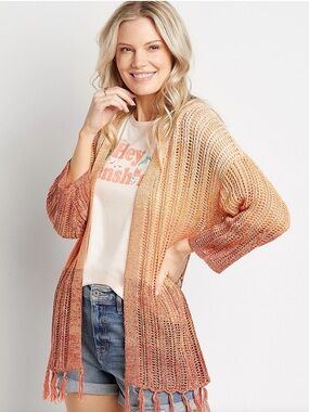 Maurices Peach and Cream Open Weave Fringe Sweater